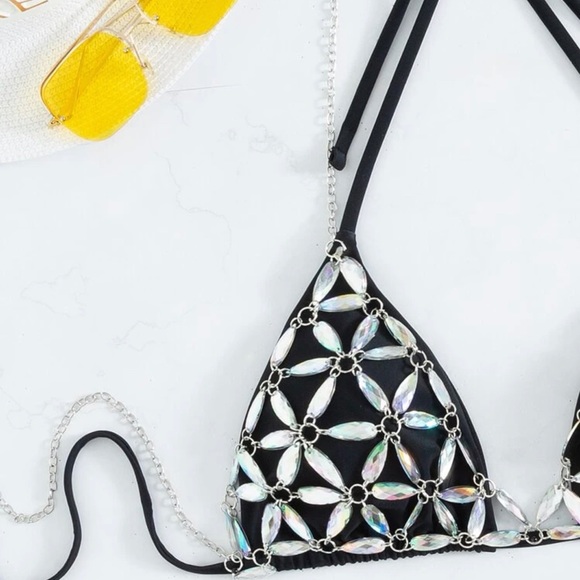 Black and rhinestones bikini set. Size medium top, Small bottoms. BNWT!! - Picture 5 of 13